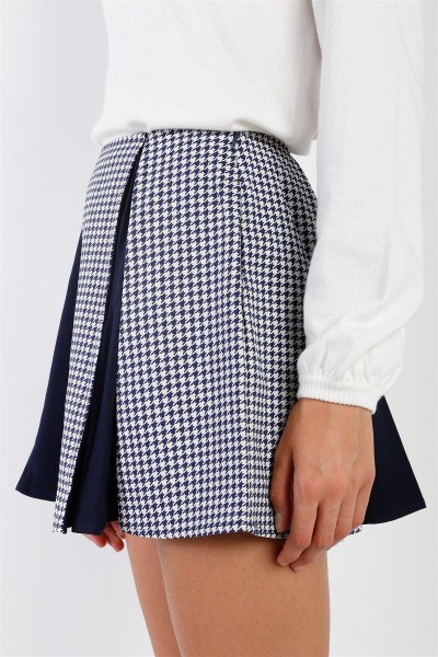 Navy & Cream Houndstooth Print Pleated High Waist Mini Skirt